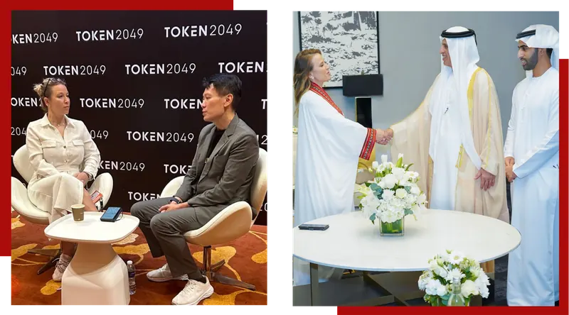 Irina Heaver at TOKEN2049 fireside discussion and meeting UAE leaders, discussing cryptocurrency regulation, digital asset compliance, and Web3 legal strategy