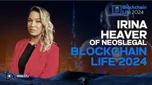 Irina Heaver speaking at Blockchain Life 2024 conference in Dubai, UAE, sharing insights on crypto regulation, digital asset compliance, and Web3 legal strategy in the Middle East