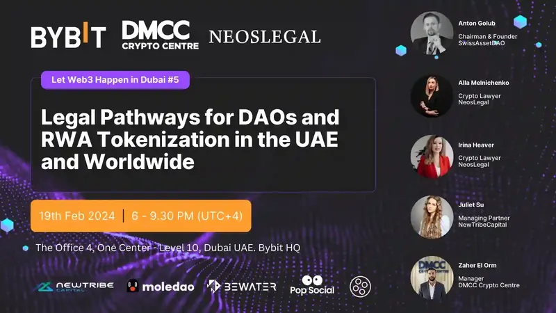 Irina Heaver speaking at Bybit crypto event in Dubai, UAE, discussing blockchain regulation, digital asset compliance, and Web3 legal strategy in the Middle East