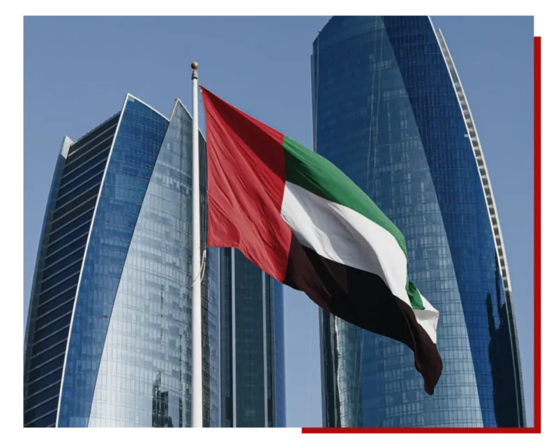 UAE flag waving in Dubai skyline, United Arab Emirates national flag on modern city background, Middle East business hub