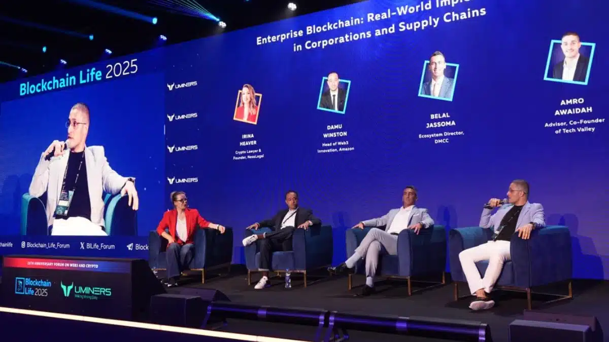 Irina Heaver at Blockchain Life 2025 in Dubai, UAE, presenting on crypto regulation, digital asset compliance, and Web3 legal strategy for Middle East and global blockchain markets